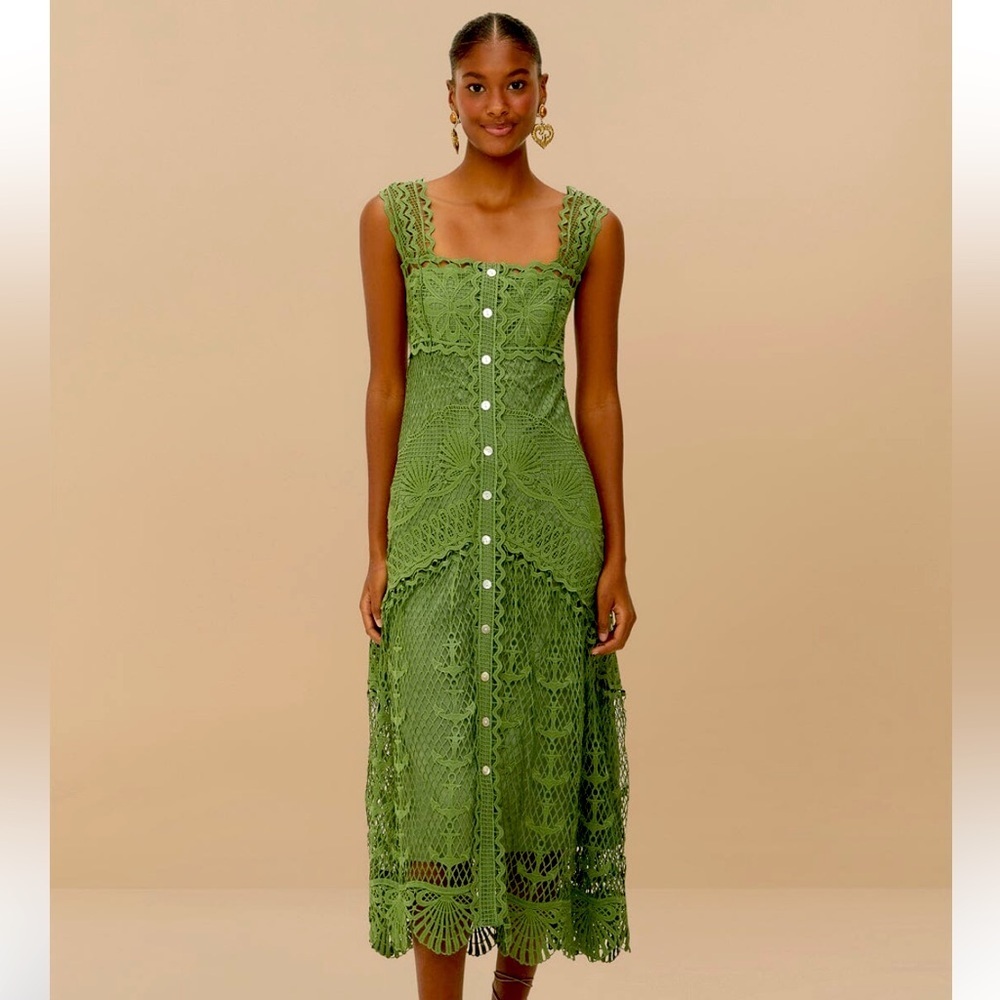 FARM Rio Green Crochet Midi Dress